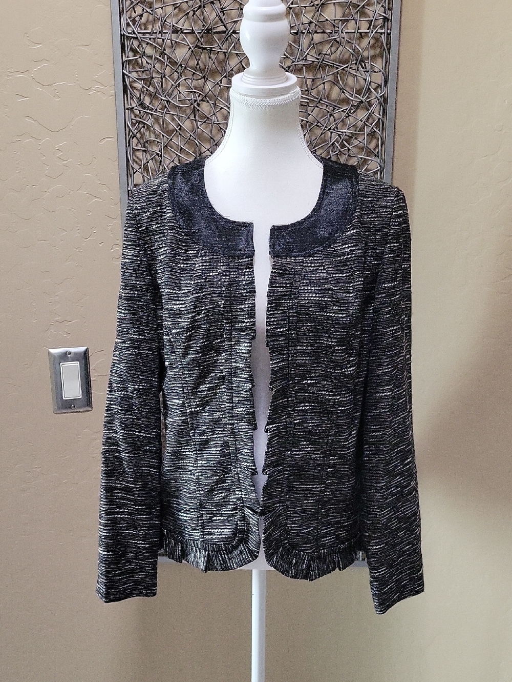 Chico's Black Marled Open-Front Blazer with Ruffle Front and Gold Shimmer Trim